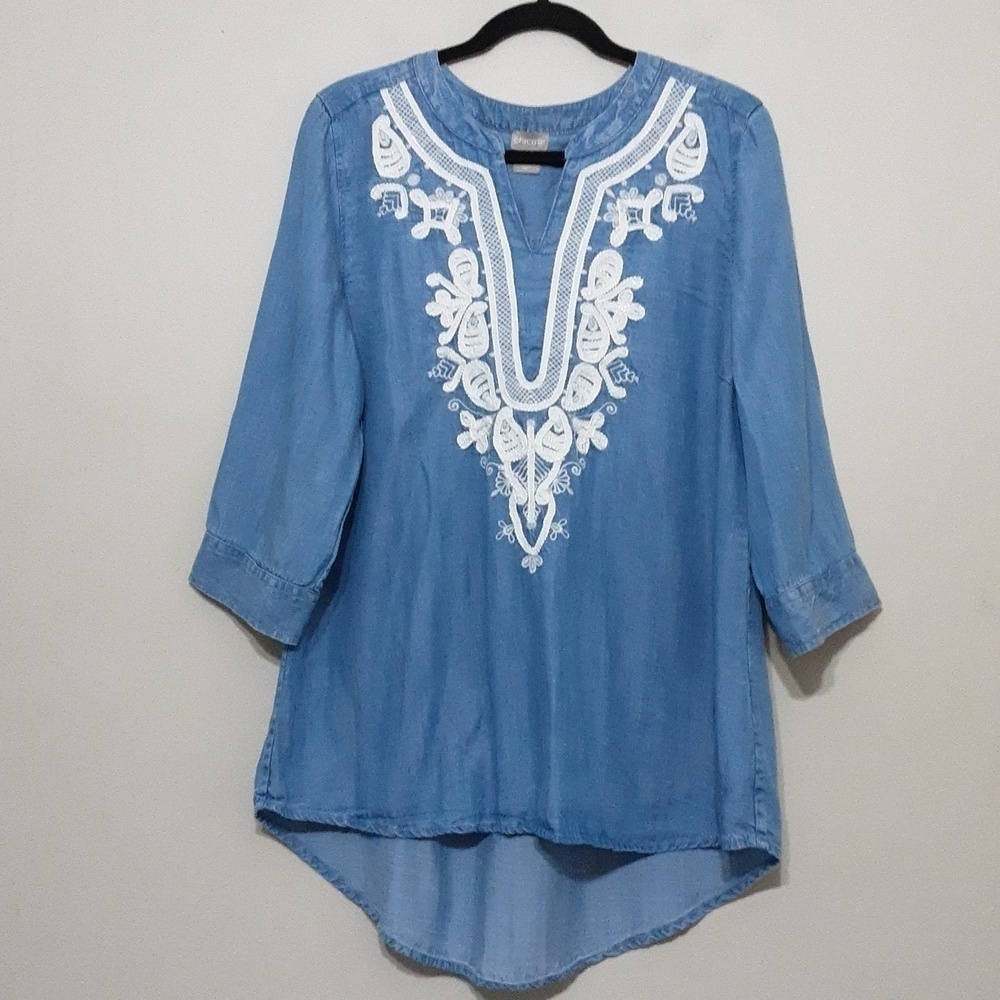 Chico's blouse women 2 chambray embroidered high and low blue casual boho Retro
